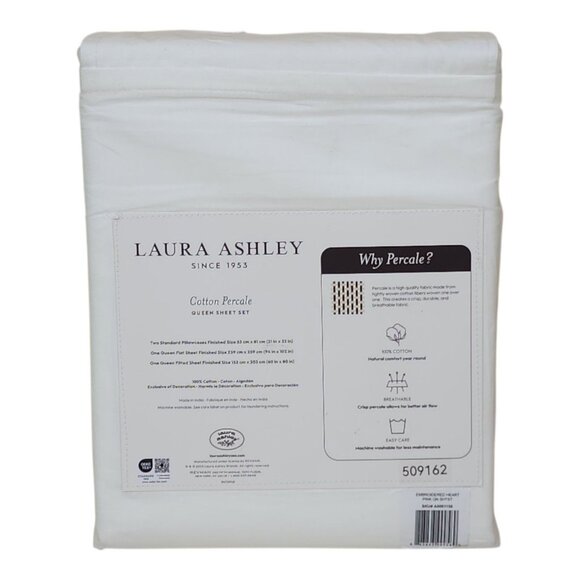 Laura Ashley Queen Sheet Set Cotton Percale Pink Heart Embroidered Easy Care - Picture 2 of 7